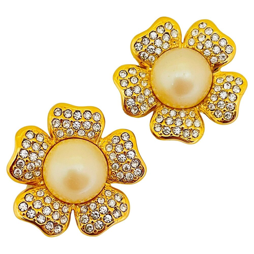 JOAN RIVERS signed vintage gold tone glass pearl flower signer clip on earrings